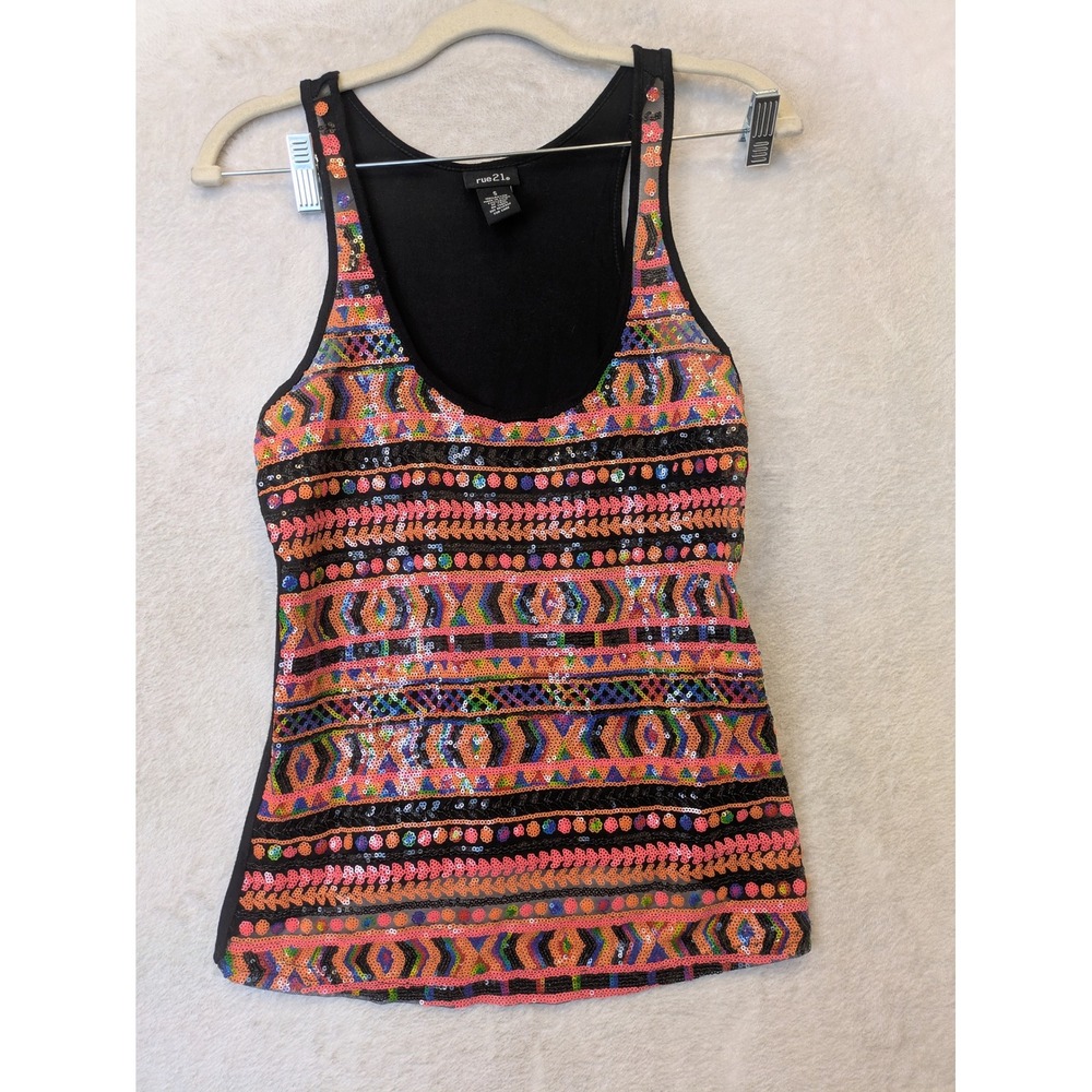 rue21 Tank Top Women's S Black Multi Sequin Geometric Tribal Racerback‎ Party